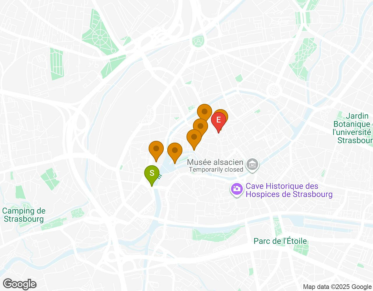 Carte interactive pour Crazytopia STRASBOURG indiquant le point de départ, le point d'arrivée et les points d'intérêt