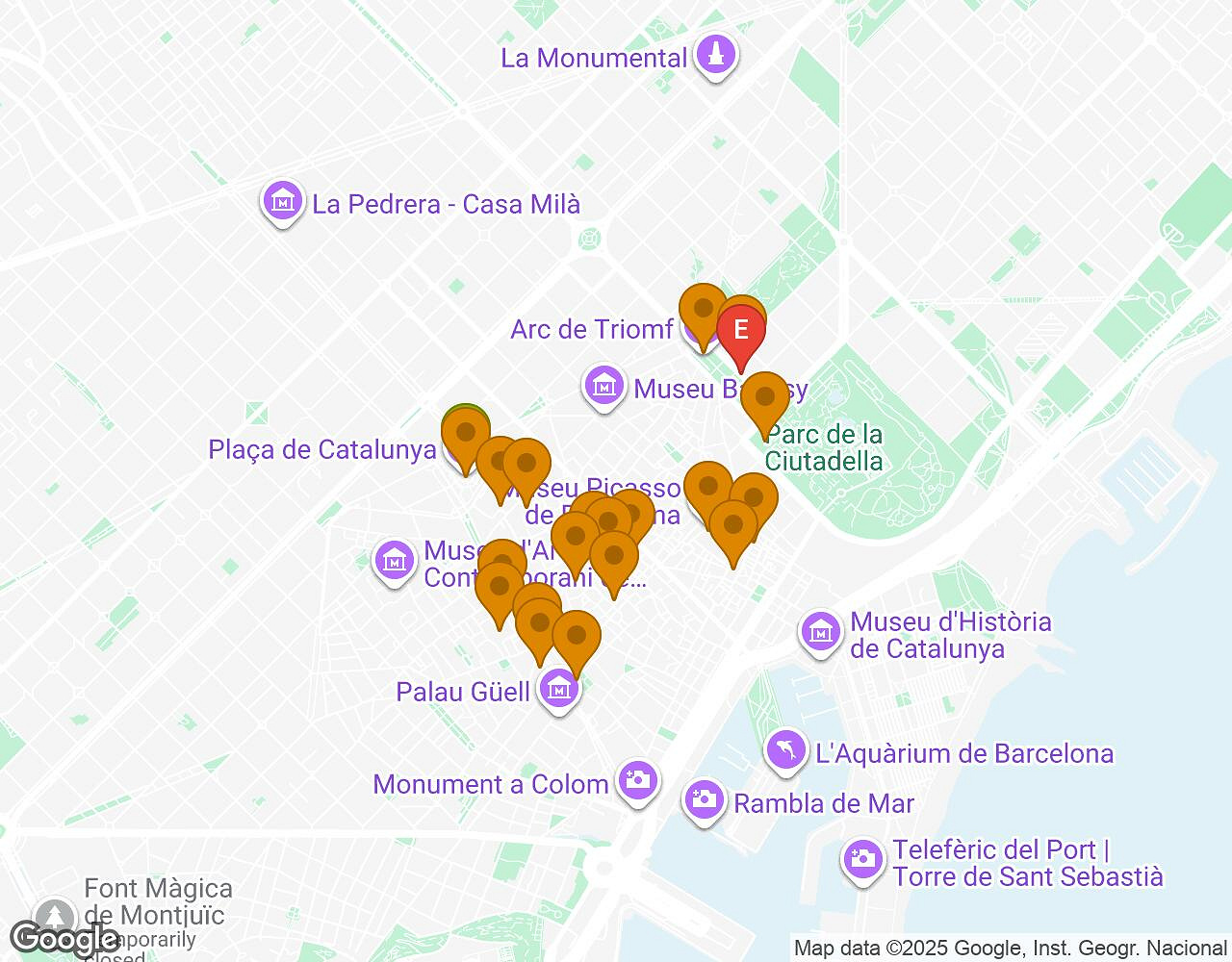 Carte interactive pour L'Alchimiste BARCELONE indiquant le point de départ, le point d'arrivée et les points d'intérêt