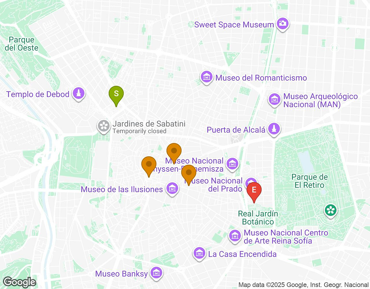 Carte interactive pour L'Alchimiste MADRID indiquant le point de départ, le point d'arrivée et les points d'intérêt