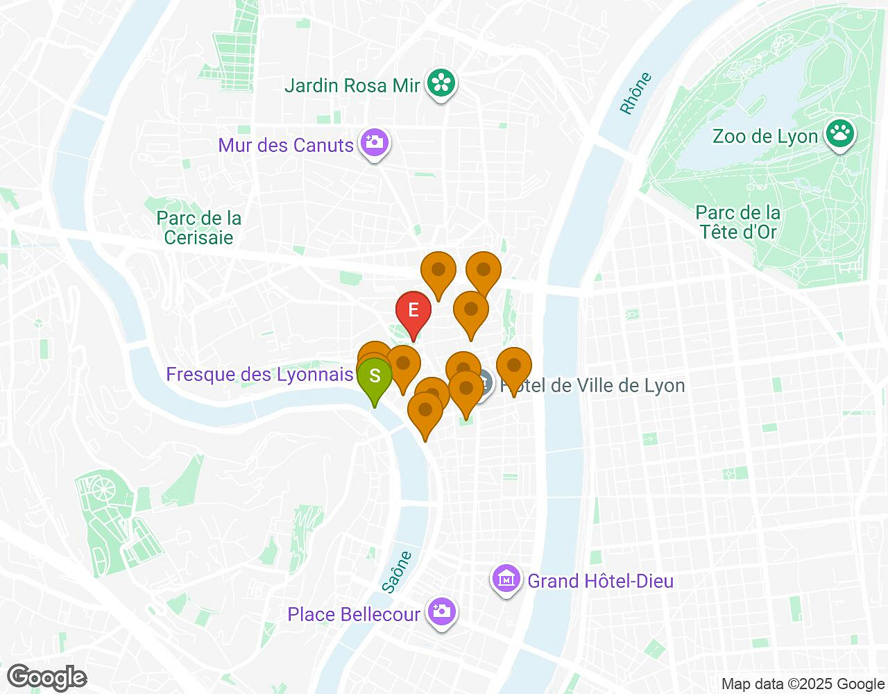 Interactieve kaart voor Peter Pan LYON met startpunt, eindpunt en bezienswaardigheden