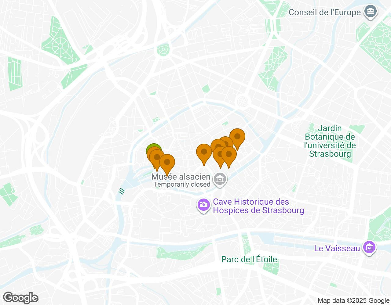 Carte interactive pour Peter Pan STRASBOURG indiquant le point de départ, le point d'arrivée et les points d'intérêt