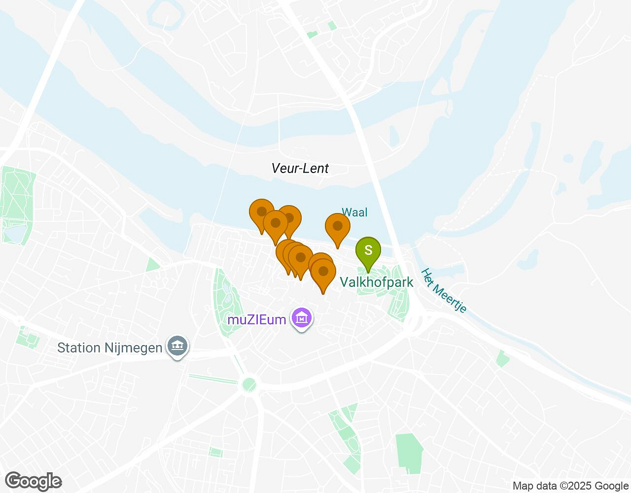 Interactieve kaart voor Peter Pan Nijmegen met startpunt, eindpunt en bezienswaardigheden