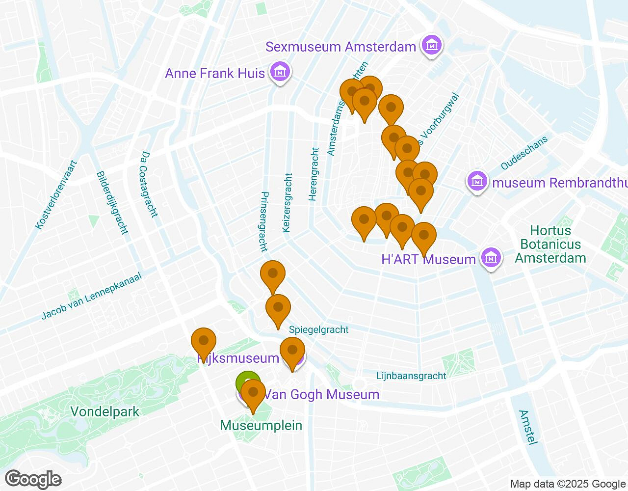Carte interactive pour Les Secrets d'Amsterdam indiquant le point de départ, le point d'arrivée et les points d'intérêt