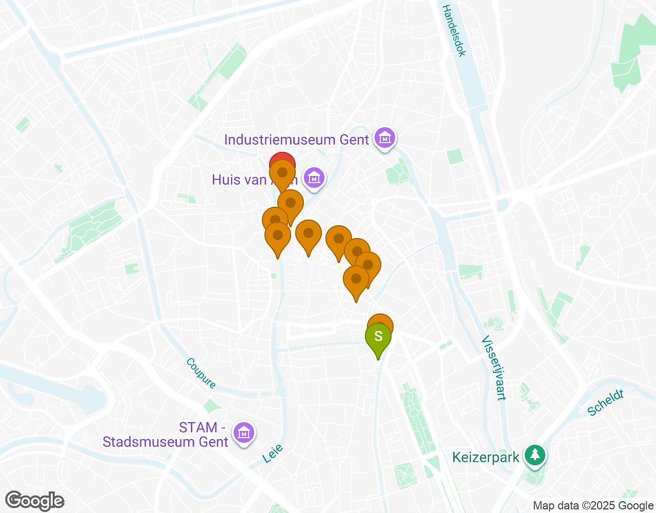Interactieve kaart voor Peter Pan GENT met startpunt, eindpunt en bezienswaardigheden