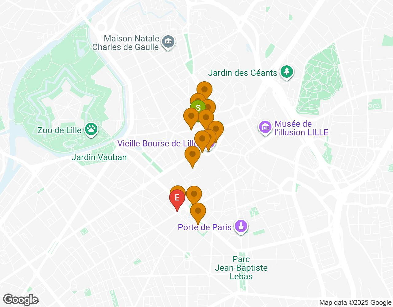 Carte interactive pour Peter Pan LILLE indiquant le point de départ, le point d'arrivée et les points d'intérêt
