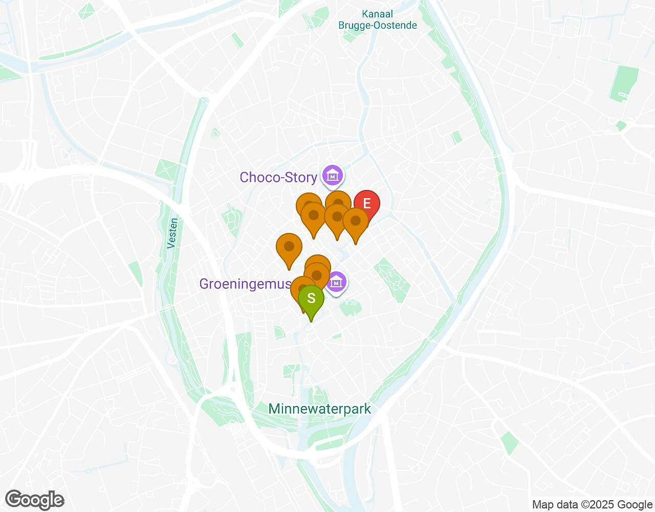 Carte interactive pour Peter Pan BRUGES indiquant le point de départ, le point d'arrivée et les points d'intérêt