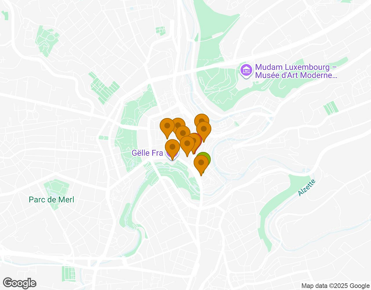Interactieve kaart voor Peter Pan LUXEMBOURG met startpunt, eindpunt en bezienswaardigheden