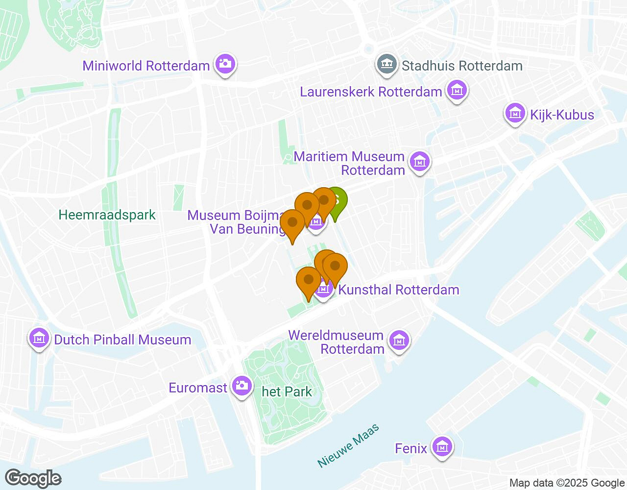 Carte interactive pour Peter Pan ROTTERDAM indiquant le point de départ, le point d'arrivée et les points d'intérêt