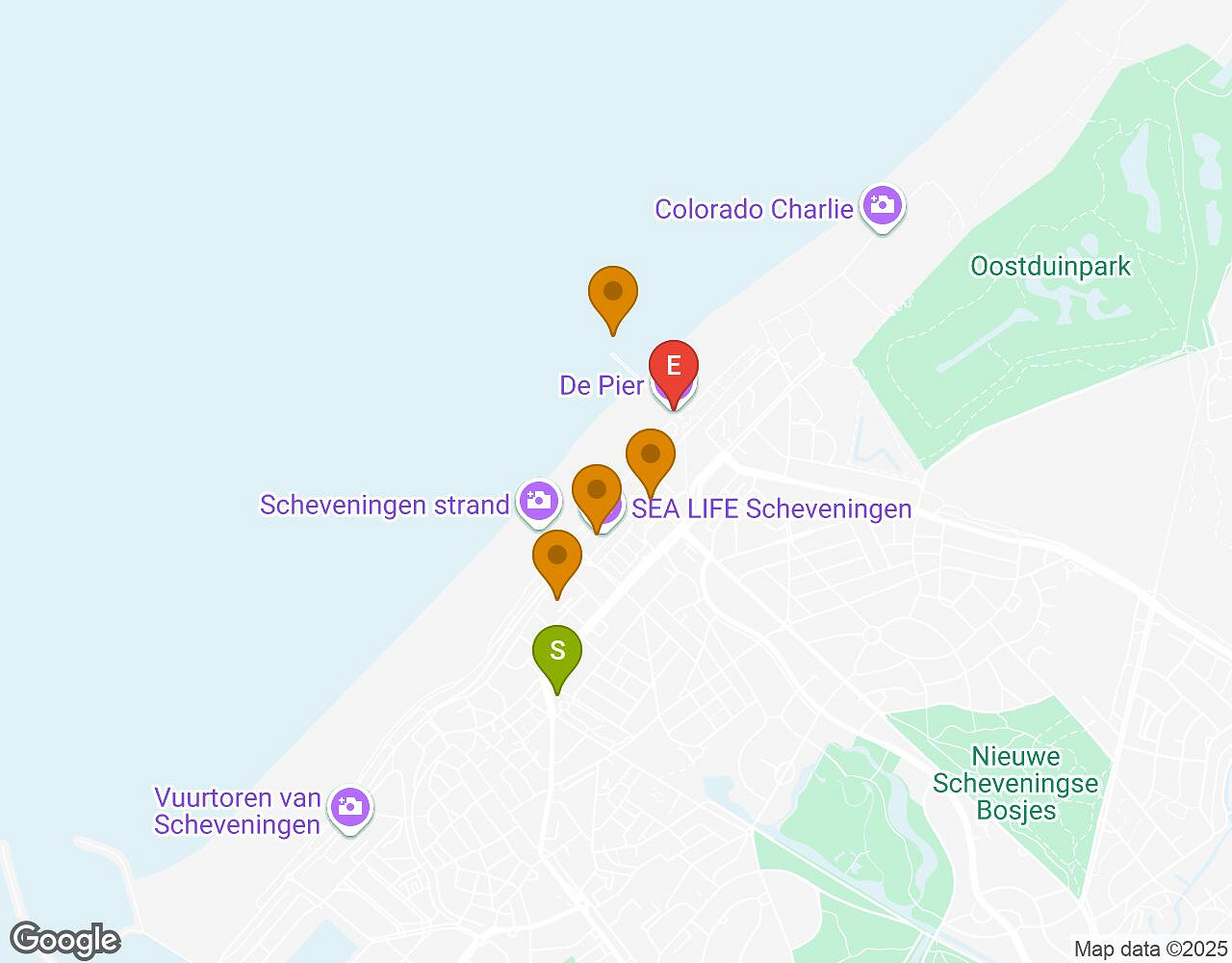 Carte interactive pour Peter Pan SCHEVENINGEN indiquant le point de départ, le point d'arrivée et les points d'intérêt
