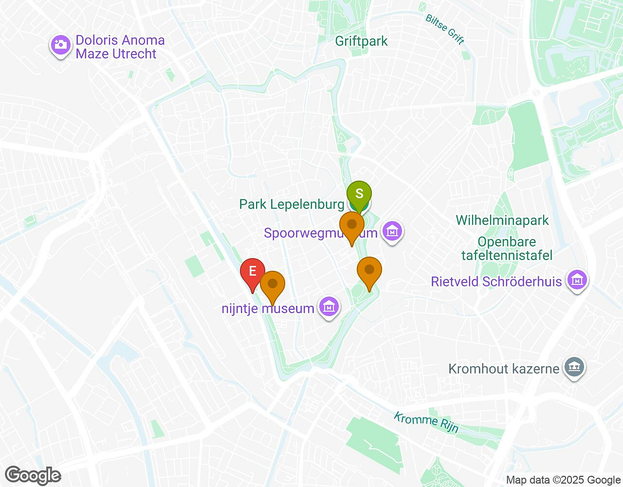 Carte interactive pour Peter Pan UTRECHT indiquant le point de départ, le point d'arrivée et les points d'intérêt