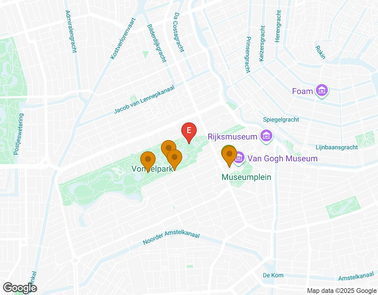 Carte interactive pour Peter Pan AMSTERDAM indiquant le point de départ, le point d'arrivée et les points d'intérêt