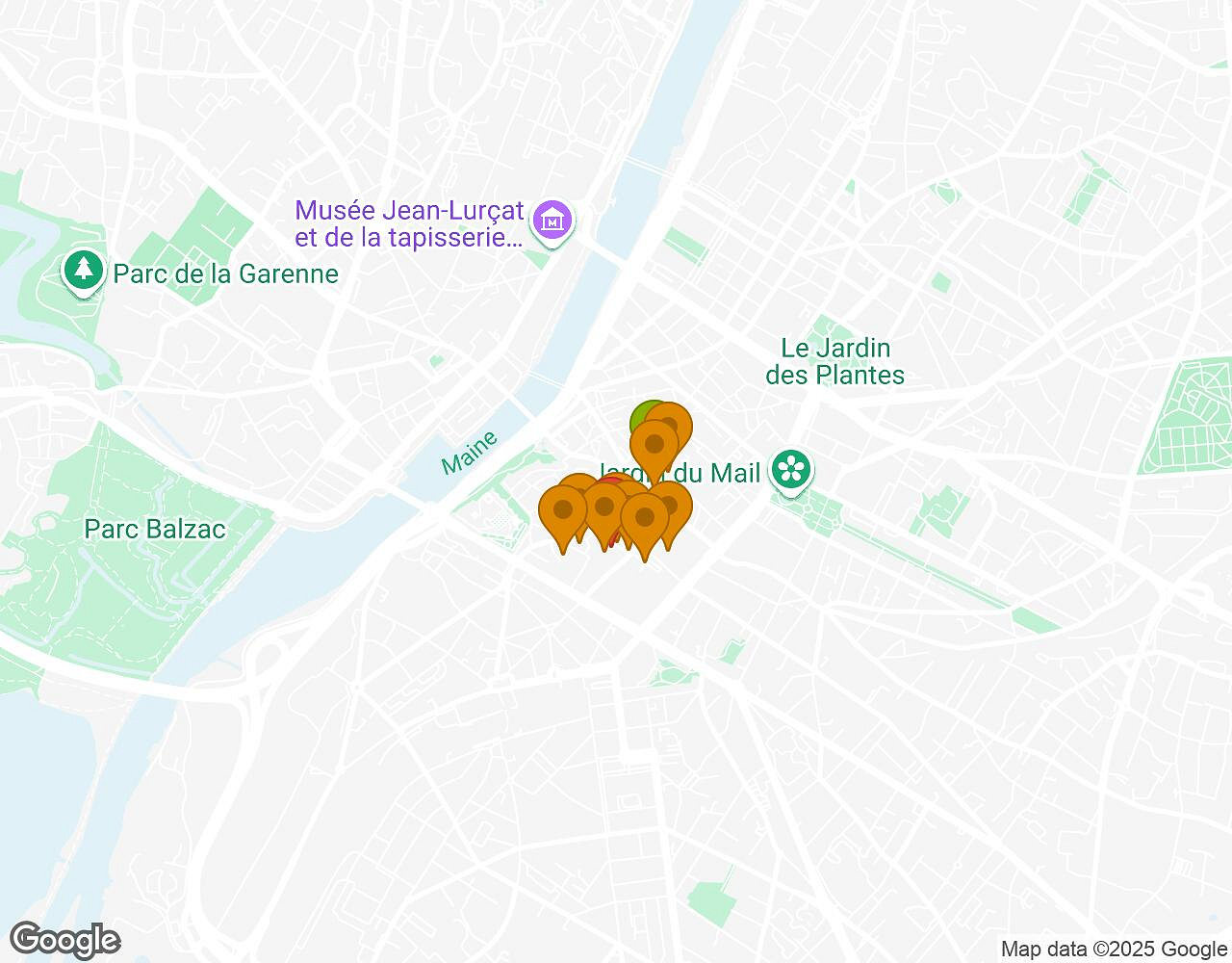 Carte interactive pour Peter Pan ANGERS indiquant le point de départ, le point d'arrivée et les points d'intérêt