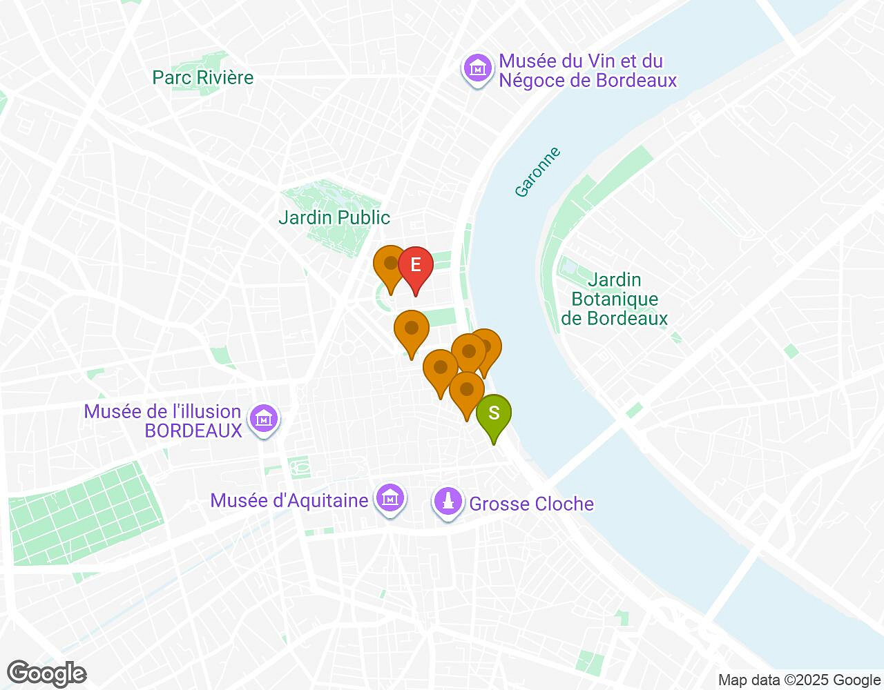 Carte interactive pour Peter Pan BORDEAUX indiquant le point de départ, le point d'arrivée et les points d'intérêt