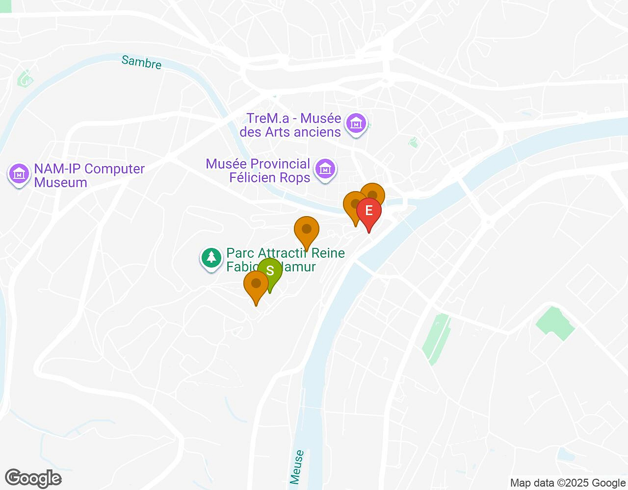 Carte interactive pour Peter Pan NAMUR indiquant le point de départ, le point d'arrivée et les points d'intérêt