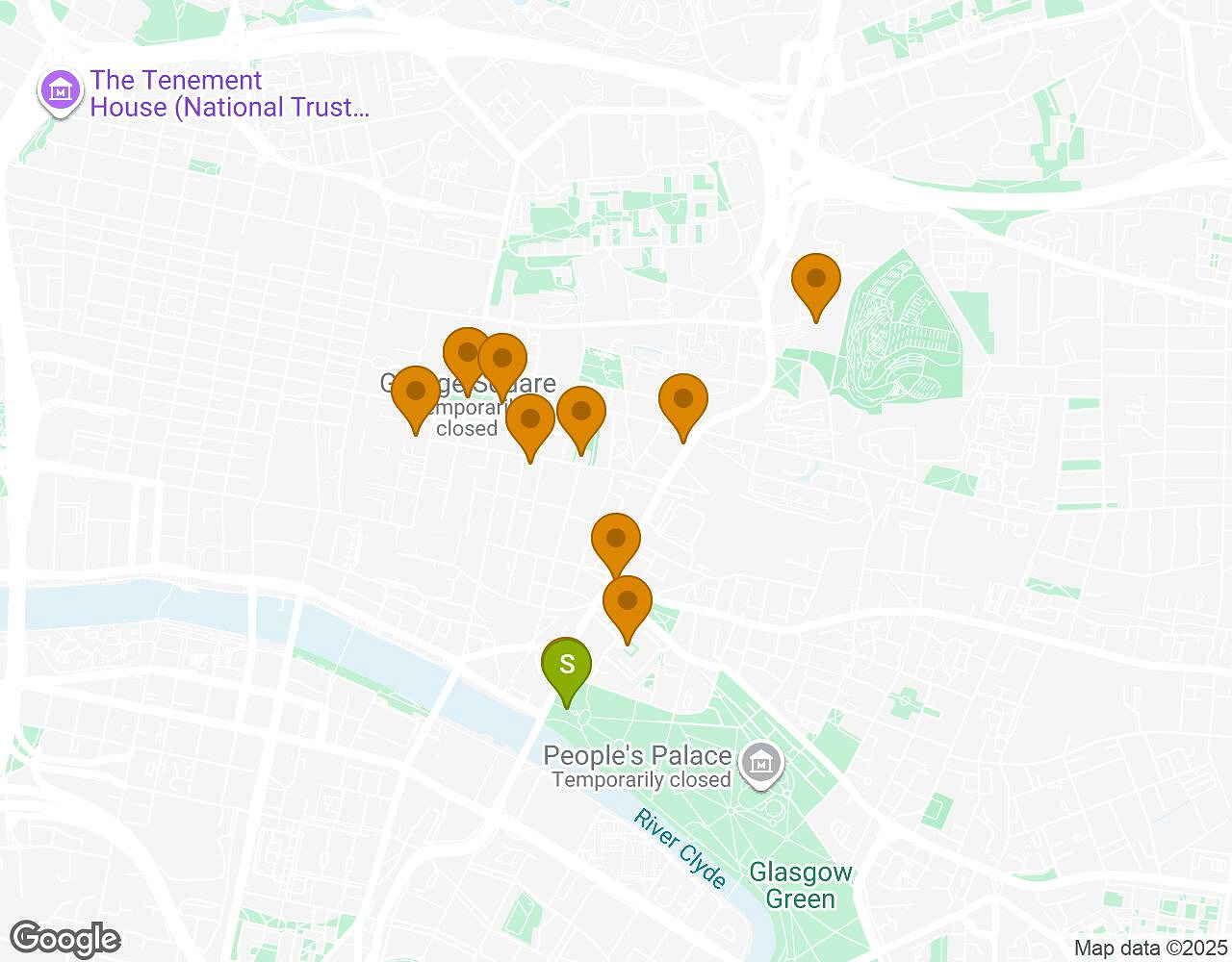 Carte interactive pour L'Alchimiste GLASGOW indiquant le point de départ, le point d'arrivée et les points d'intérêt