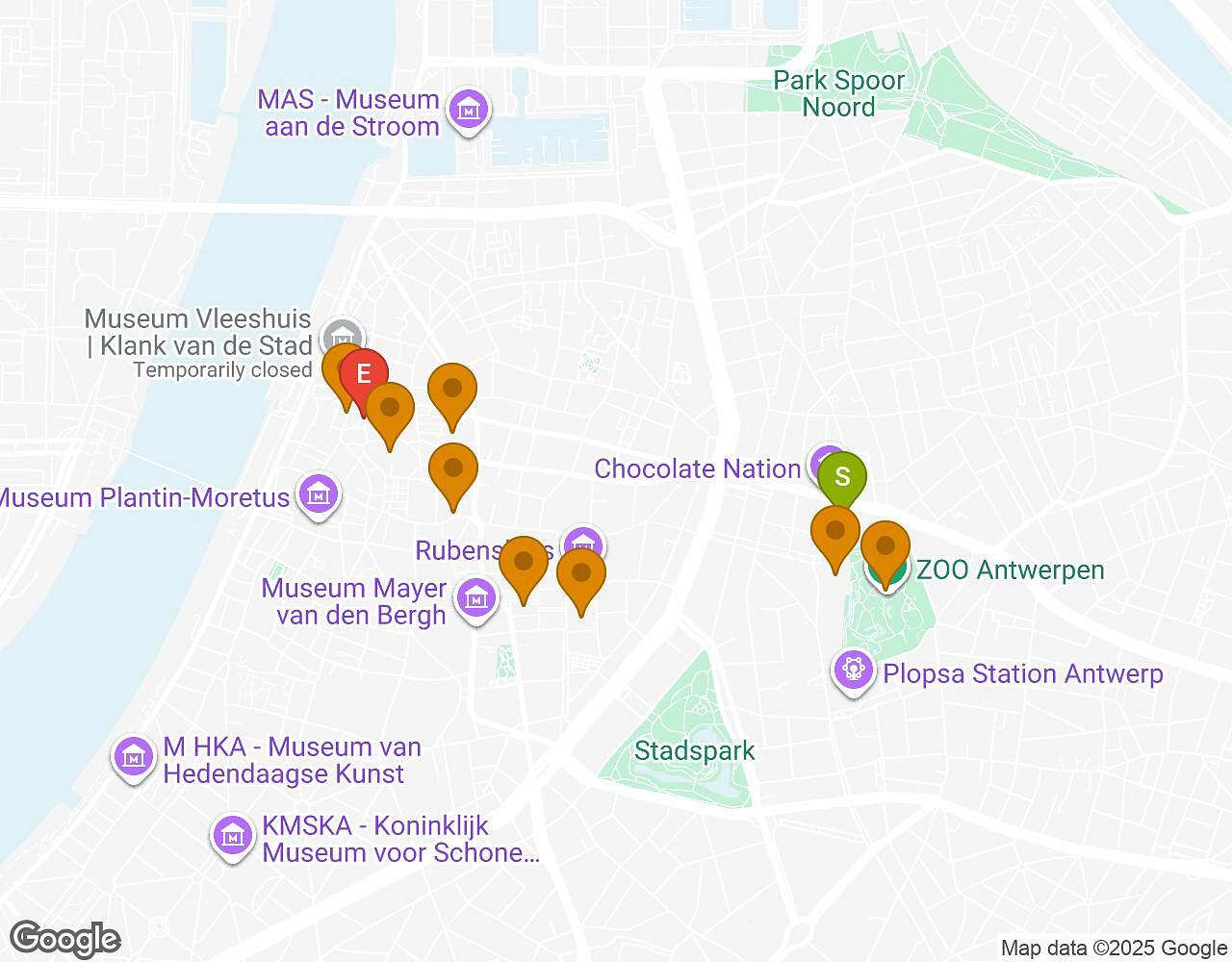 Interactieve kaart voor De Zaak Walter ANTWERPEN met startpunt, eindpunt en bezienswaardigheden