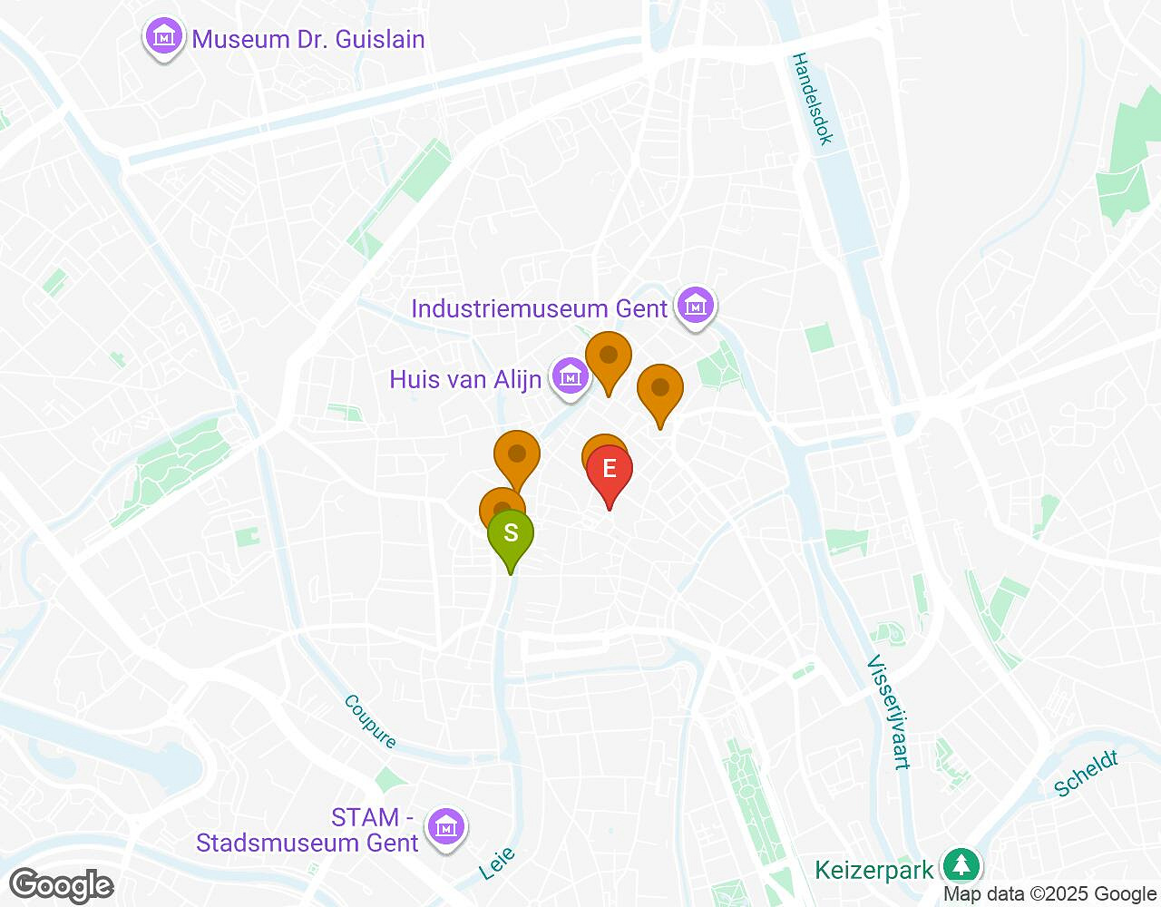Interactieve kaart voor De Zaak Walter GENT met startpunt, eindpunt en bezienswaardigheden