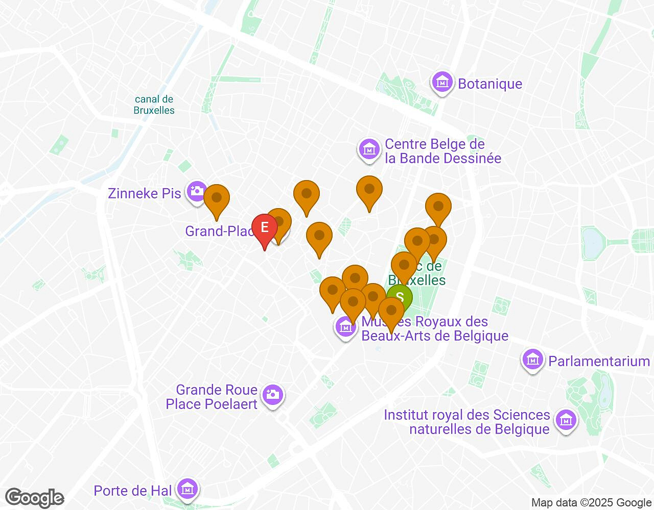 Carte interactive pour L'Affaire Walter BRUXELLES indiquant le point de départ, le point d'arrivée et les points d'intérêt