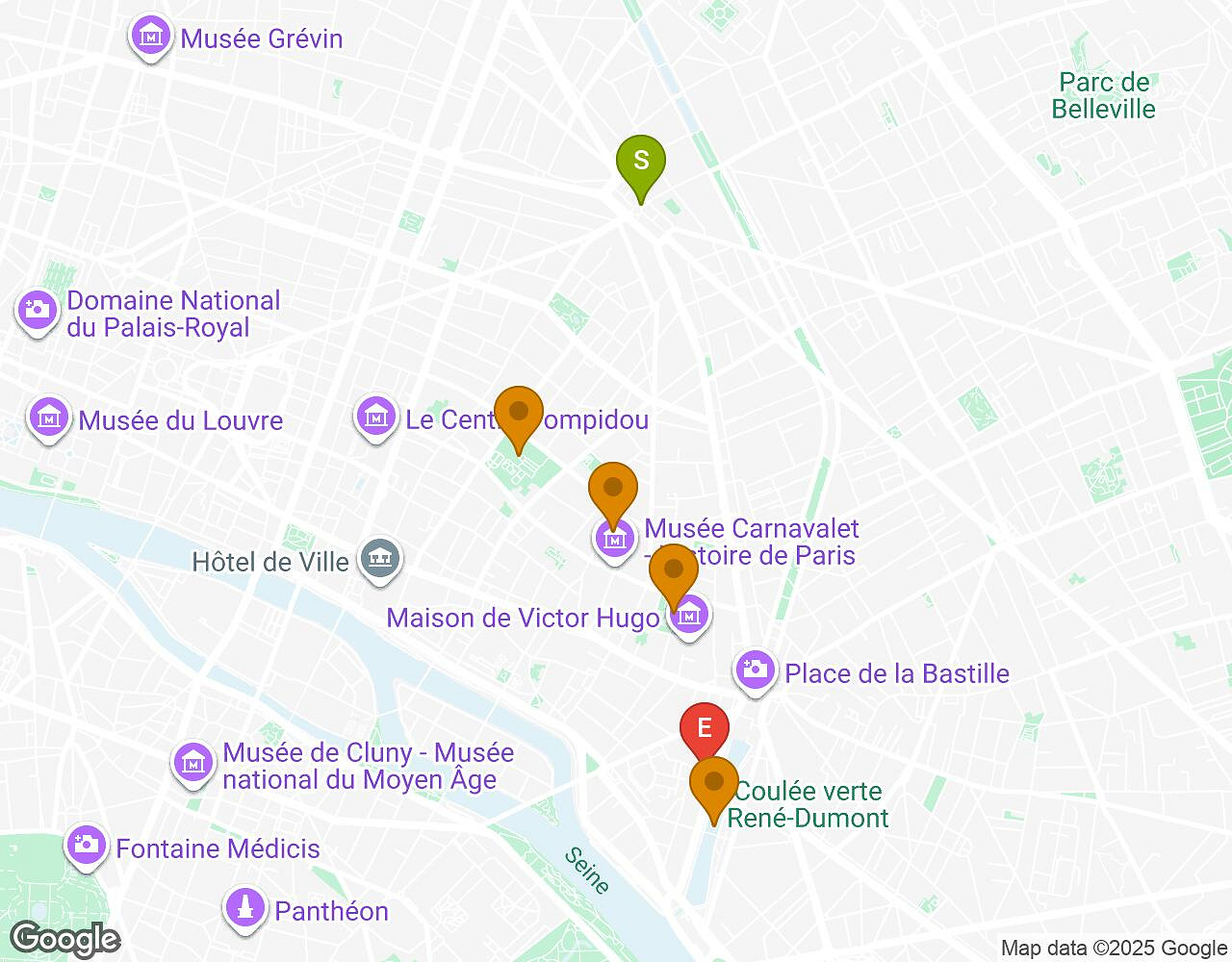 Carte interactive pour L'Affaire Walter PARIS indiquant le point de départ, le point d'arrivée et les points d'intérêt