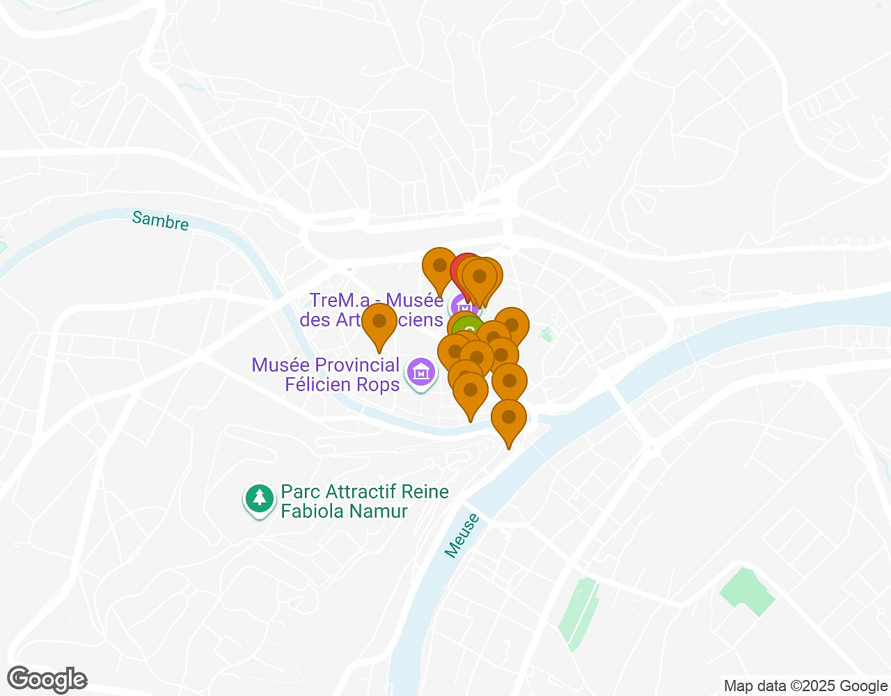 Interactieve kaart voor De Geheimen van Namen met startpunt, eindpunt en bezienswaardigheden