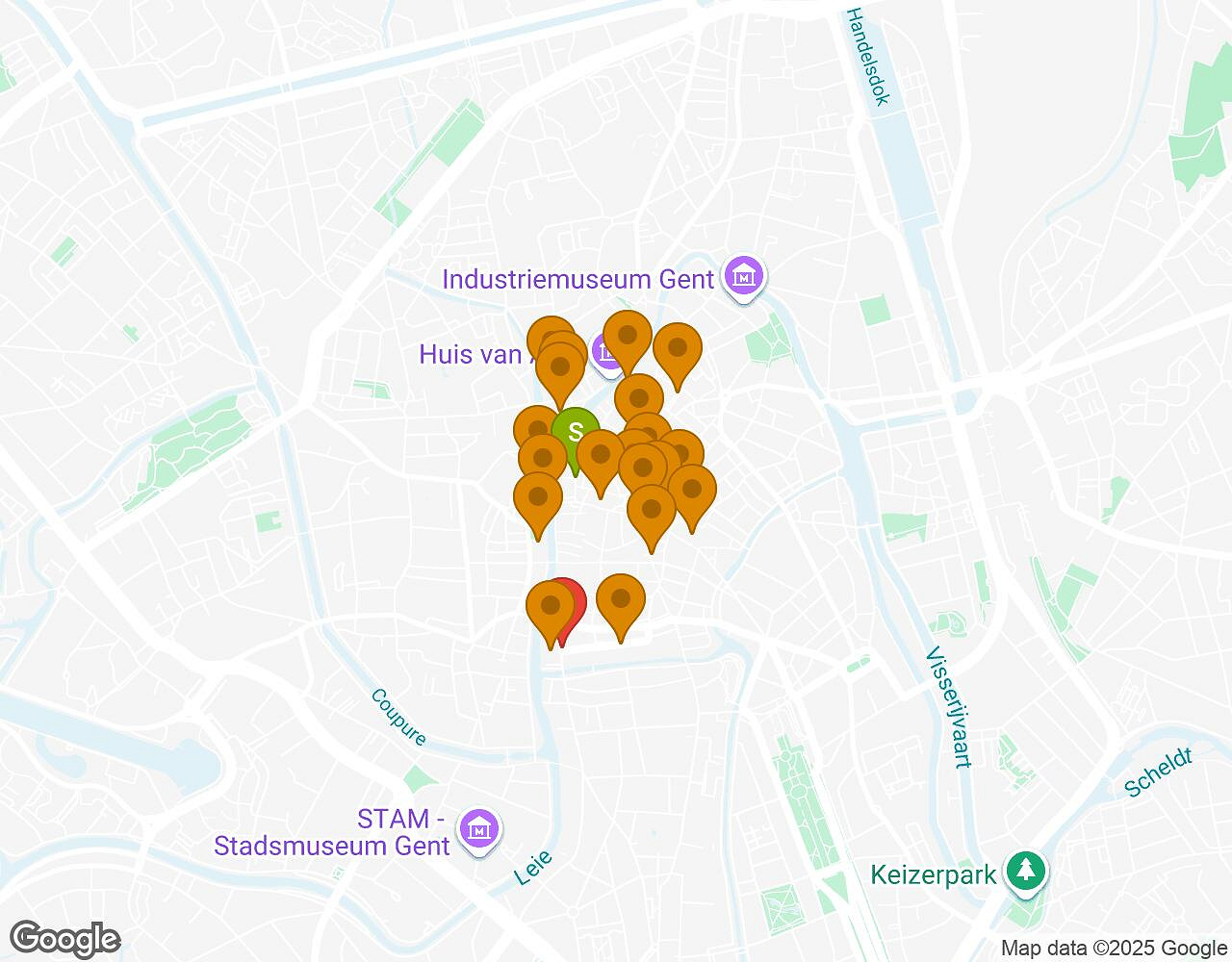Interactieve kaart voor De Geheimen van Gent met startpunt, eindpunt en bezienswaardigheden