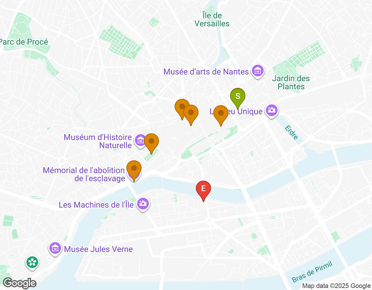 Carte interactive pour L'Affaire Walter NANTES indiquant le point de départ, le point d'arrivée et les points d'intérêt