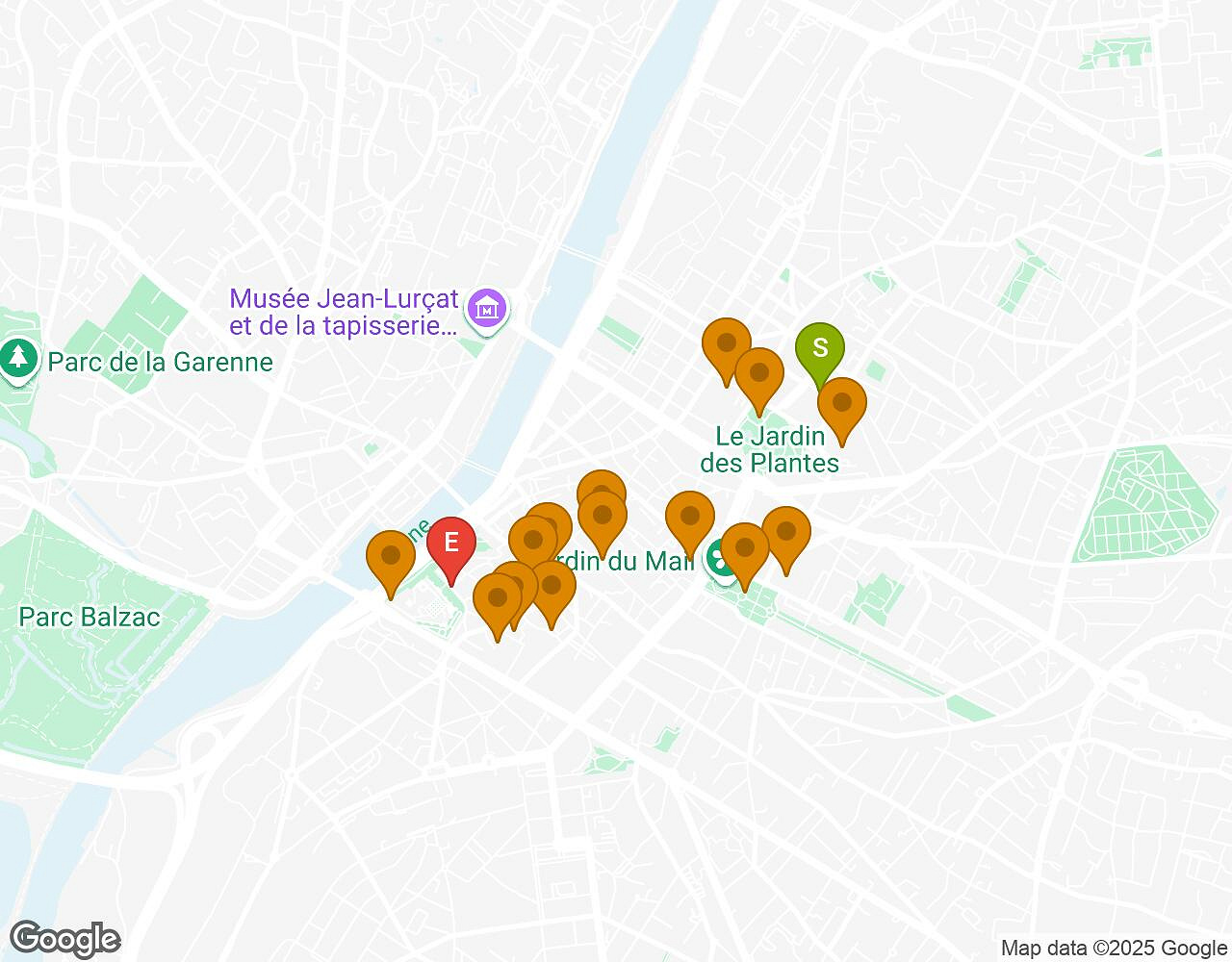 Carte interactive pour L'Alchimiste ANGERS indiquant le point de départ, le point d'arrivée et les points d'intérêt
