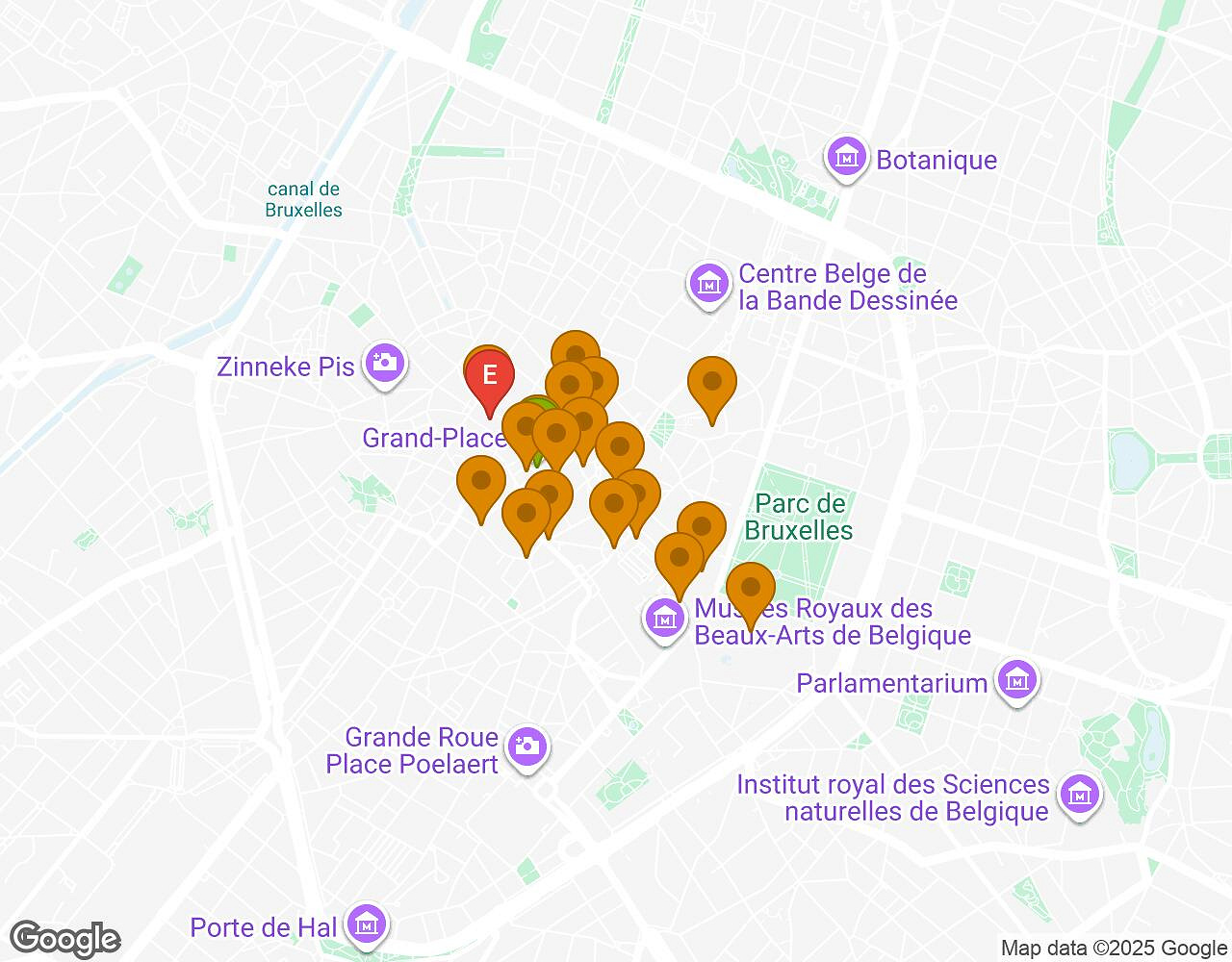 Carte interactive pour Les Secrets de Bruxelles indiquant le point de départ, le point d'arrivée et les points d'intérêt