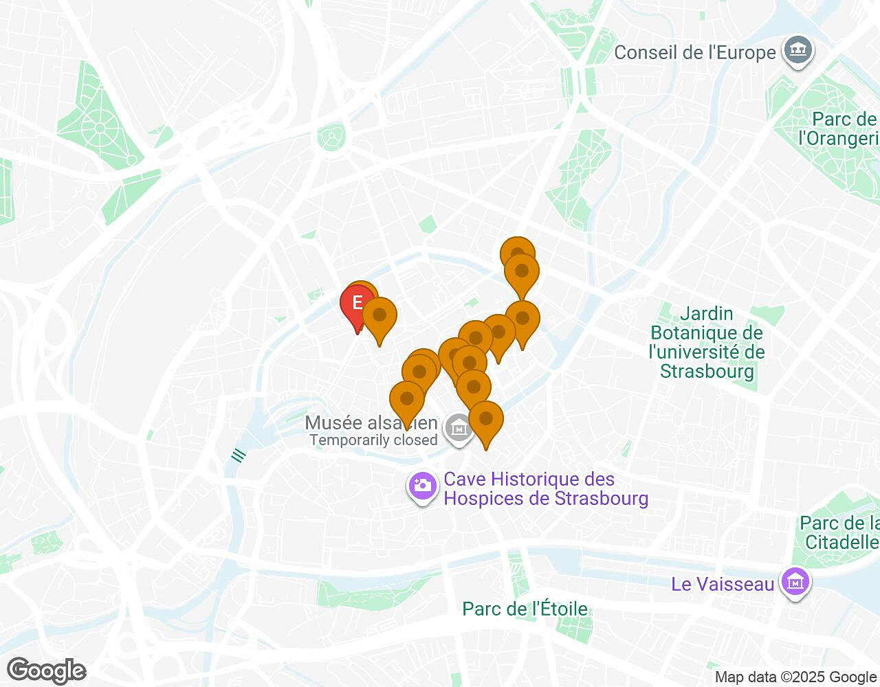Carte interactive pour Les Secrets de Strasbourg indiquant le point de départ, le point d'arrivée et les points d'intérêt