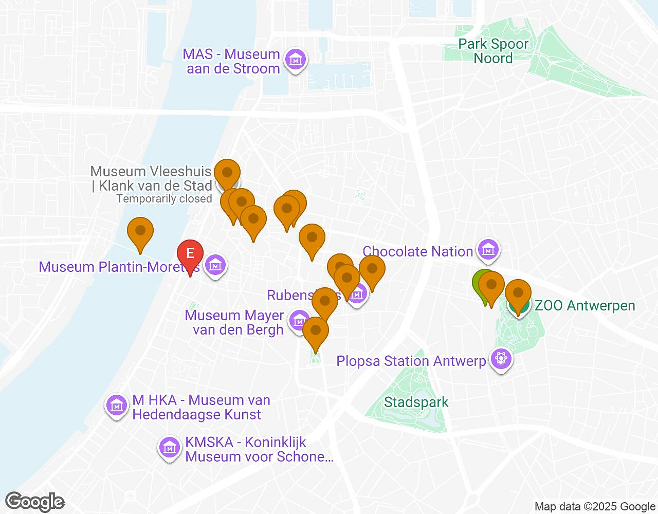 Carte interactive pour Les Secrets d'Anvers indiquant le point de départ, le point d'arrivée et les points d'intérêt