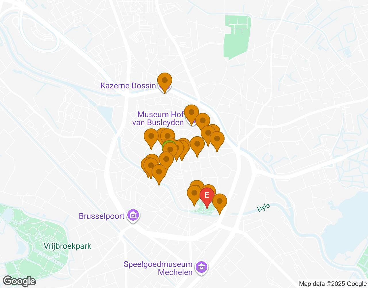 Carte interactive pour Les Secrets de Malines indiquant le point de départ, le point d'arrivée et les points d'intérêt
