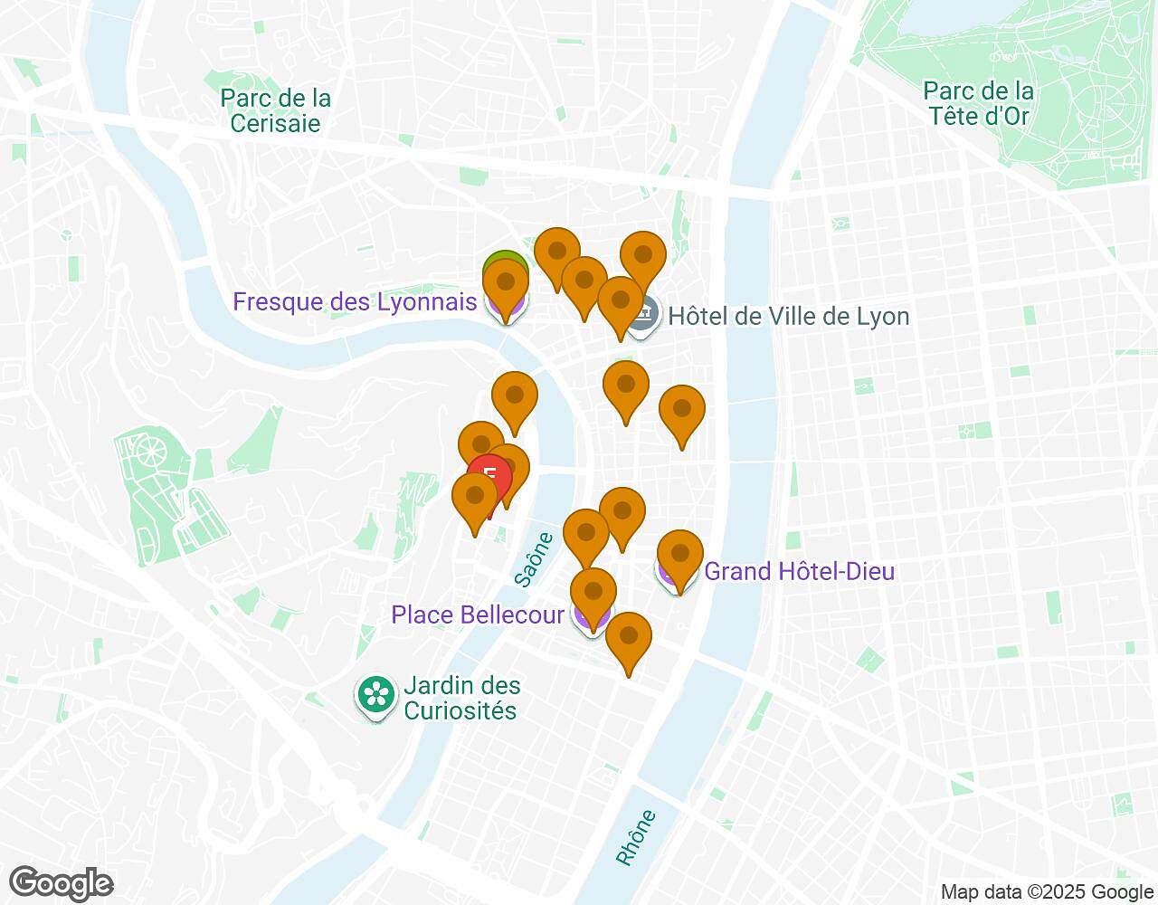 Carte interactive pour Les Secrets de Lyon indiquant le point de départ, le point d'arrivée et les points d'intérêt