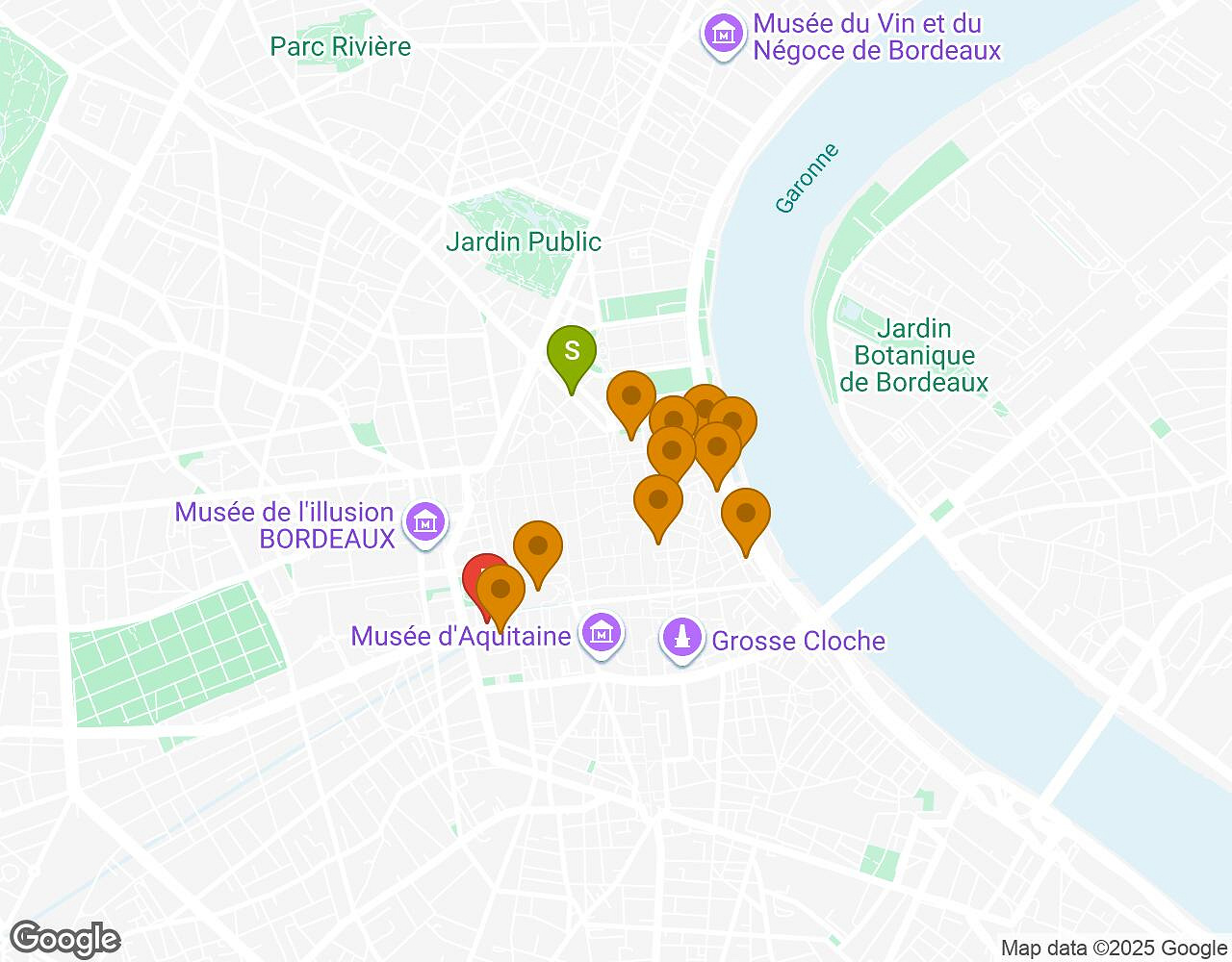 Carte interactive pour L'Alchimiste BORDEAUX indiquant le point de départ, le point d'arrivée et les points d'intérêt