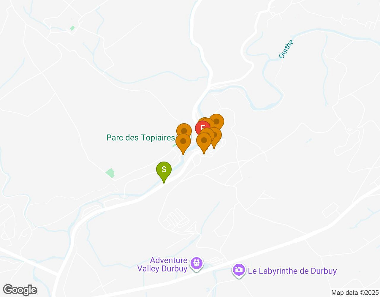 Carte interactive pour Sorcellerie à Durbuy indiquant le point de départ, le point d'arrivée et les points d'intérêt