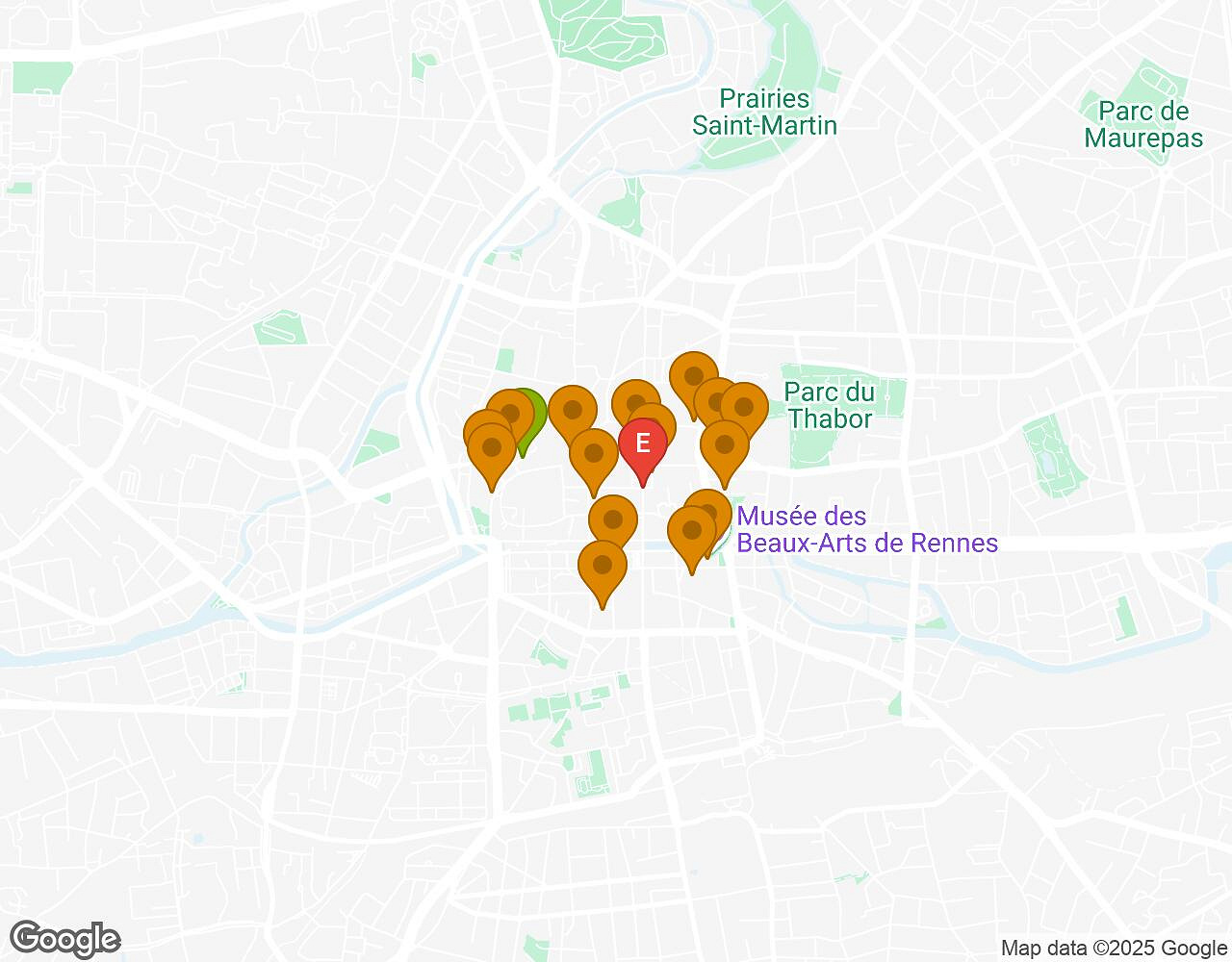 Carte interactive pour L'Alchimiste RENNES indiquant le point de départ, le point d'arrivée et les points d'intérêt