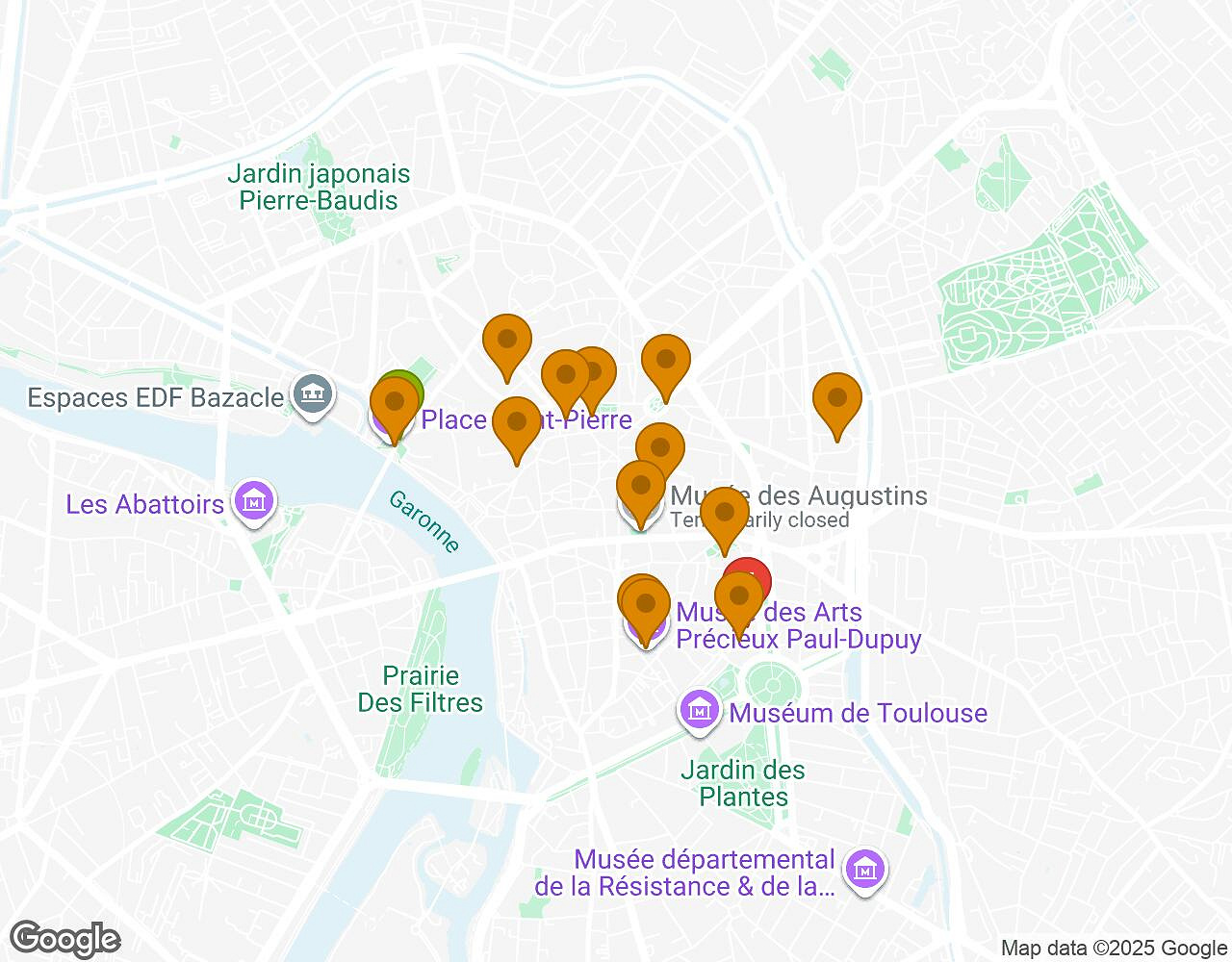Carte interactive pour L'Alchimiste TOULOUSE indiquant le point de départ, le point d'arrivée et les points d'intérêt