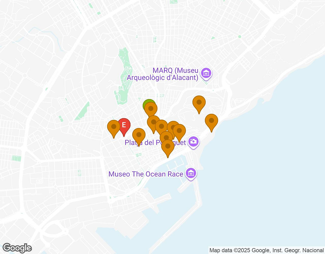 Interactieve kaart voor De Geheimen van ALICANTE met startpunt, eindpunt en bezienswaardigheden