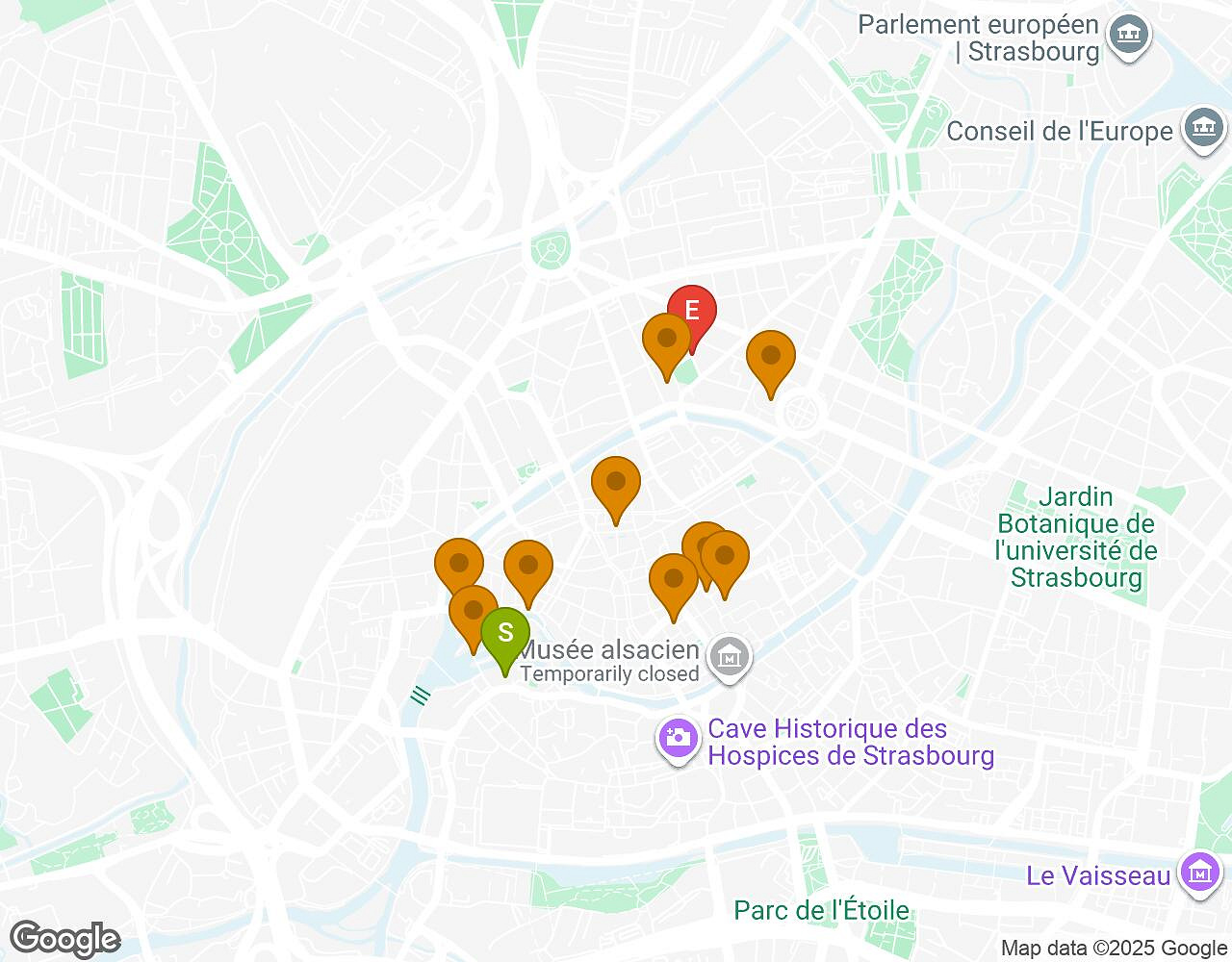 Carte interactive pour L'Alchimiste STRASBOURG indiquant le point de départ, le point d'arrivée et les points d'intérêt