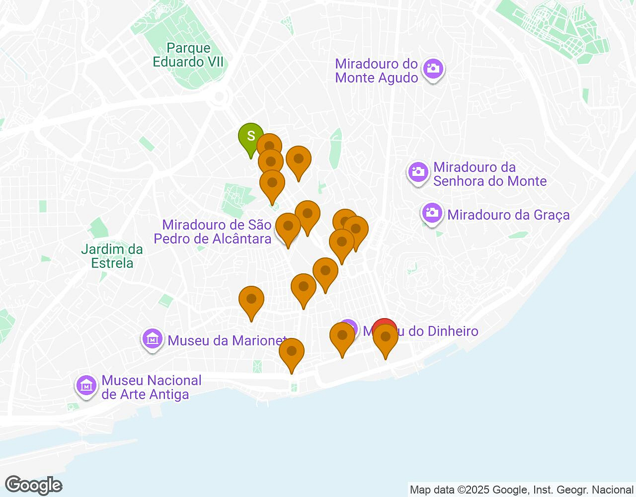 Carte interactive pour L'Alchimiste LISBONNE indiquant le point de départ, le point d'arrivée et les points d'intérêt