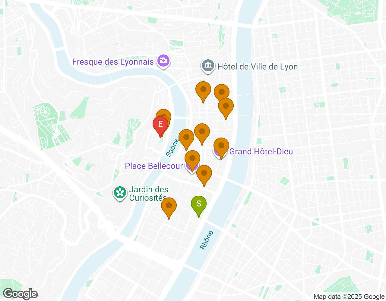 Carte interactive pour L'Alchimiste LYON indiquant le point de départ, le point d'arrivée et les points d'intérêt