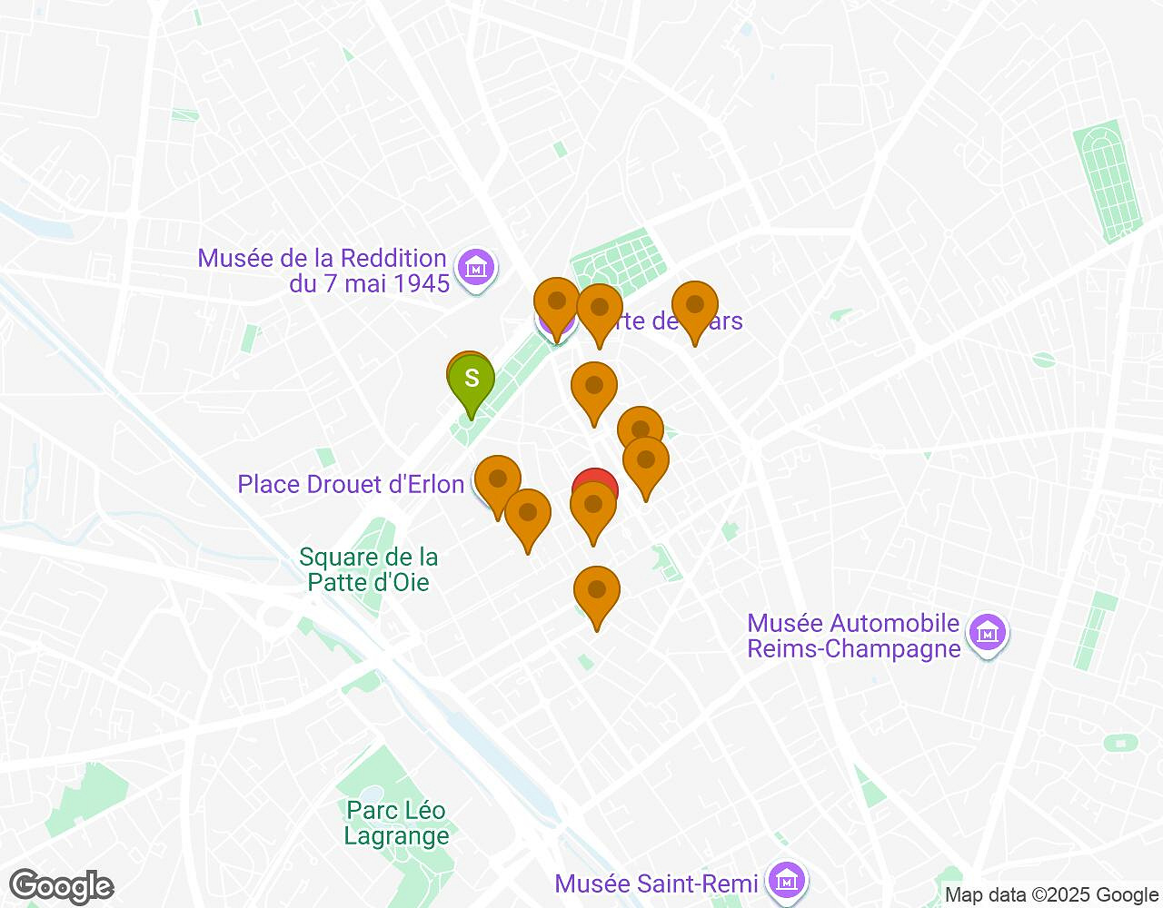 Carte interactive pour L'Alchimiste REIMS indiquant le point de départ, le point d'arrivée et les points d'intérêt