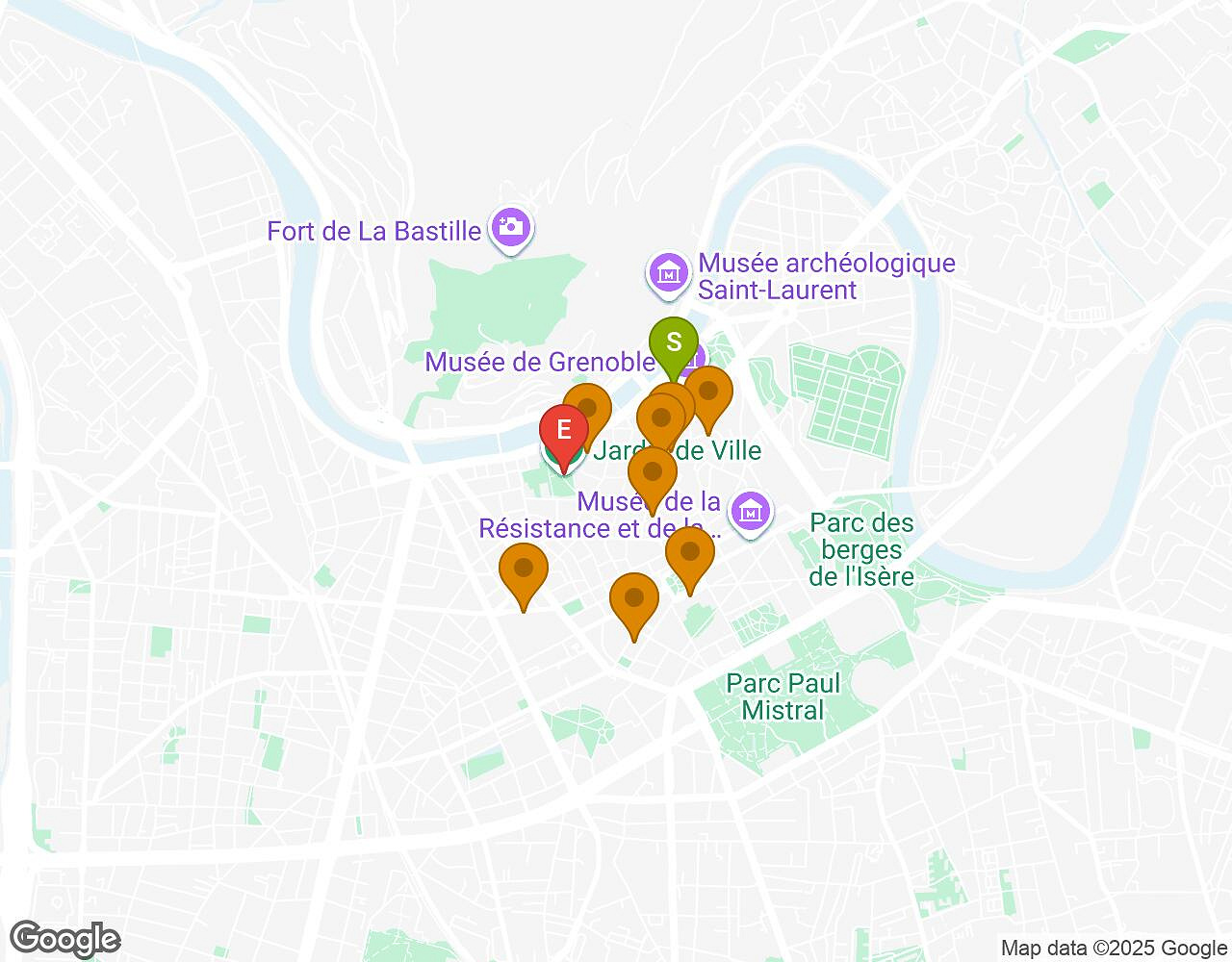 Carte interactive pour L'Alchimiste GRENOBLE indiquant le point de départ, le point d'arrivée et les points d'intérêt