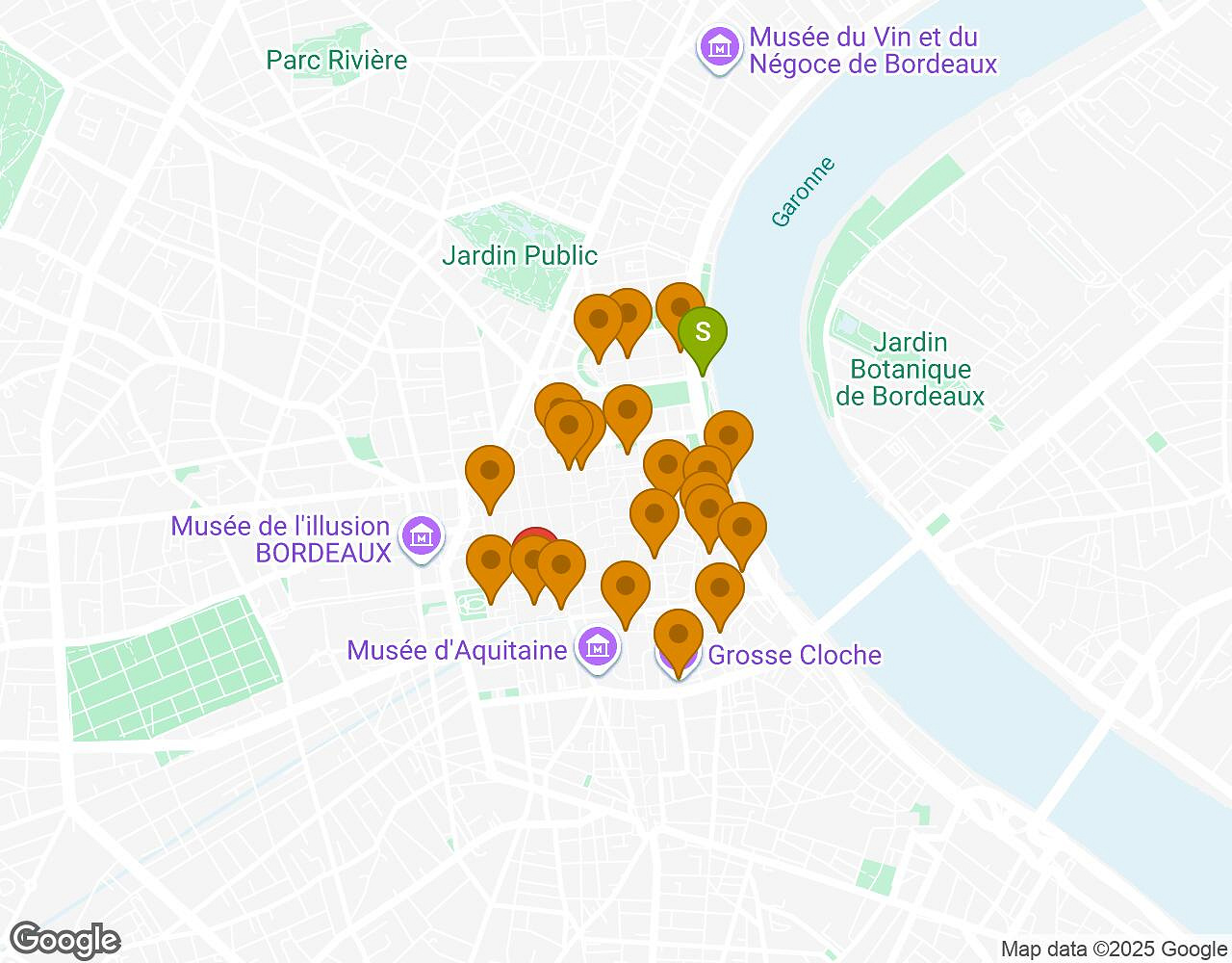 Carte interactive pour Les Secrets de Bordeaux indiquant le point de départ, le point d'arrivée et les points d'intérêt