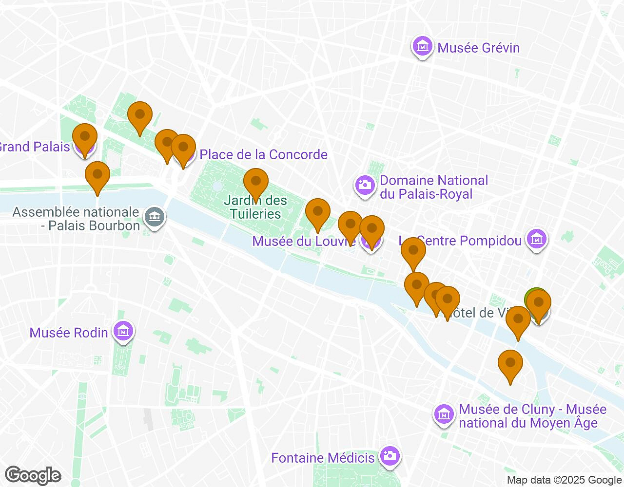 Carte interactive pour Les Secrets de Paris indiquant le point de départ, le point d'arrivée et les points d'intérêt