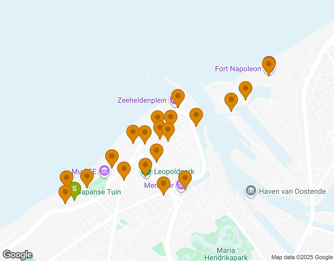 Interactieve kaart voor De Geheimen van OOSTENDE met startpunt, eindpunt en bezienswaardigheden