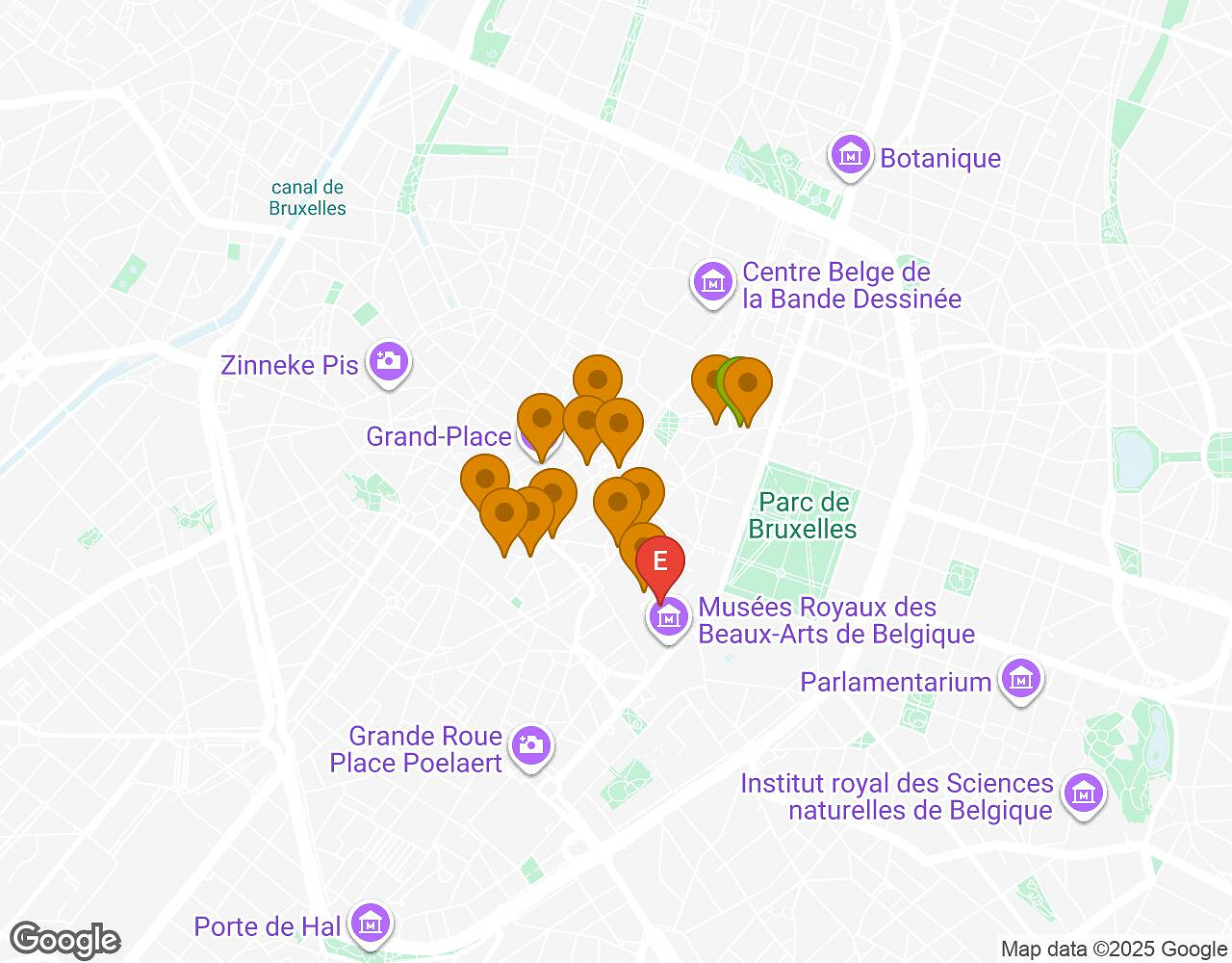 Interactieve kaart voor Kids Explore: Brussel met startpunt, eindpunt en bezienswaardigheden