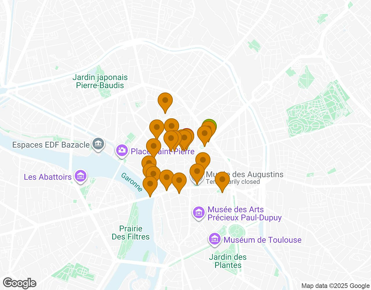 Carte interactive pour Les Secrets de Toulouse indiquant le point de départ, le point d'arrivée et les points d'intérêt