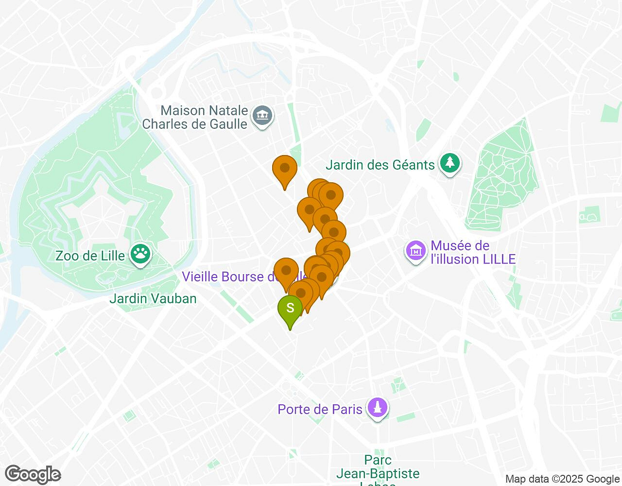 Carte interactive pour Les Secrets de Lille indiquant le point de départ, le point d'arrivée et les points d'intérêt