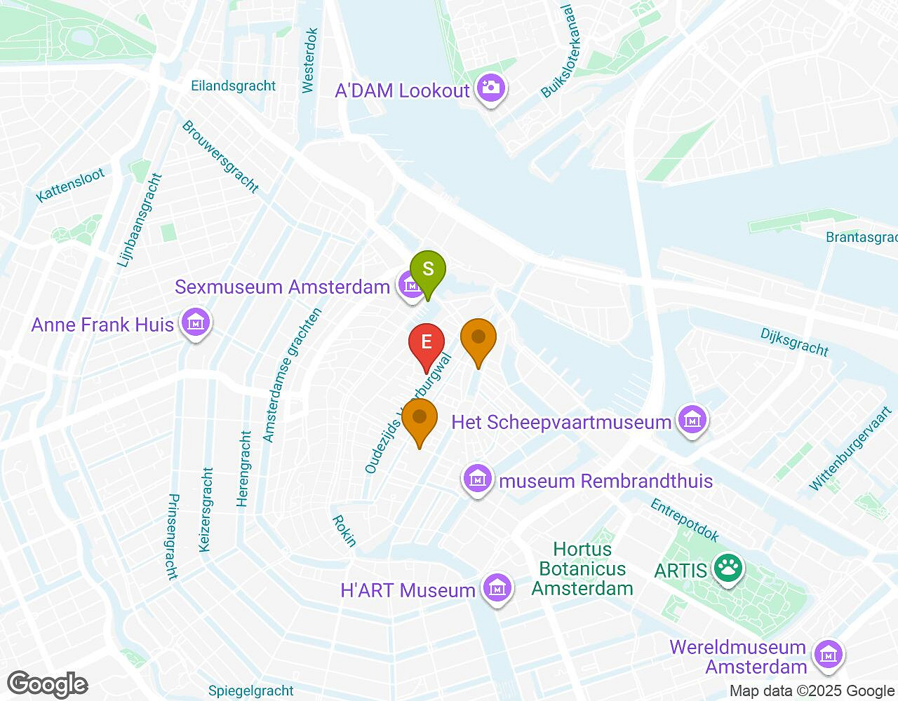 Carte interactive pour Bachelor Challenge AMSTERDAM indiquant le point de départ, le point d'arrivée et les points d'intérêt