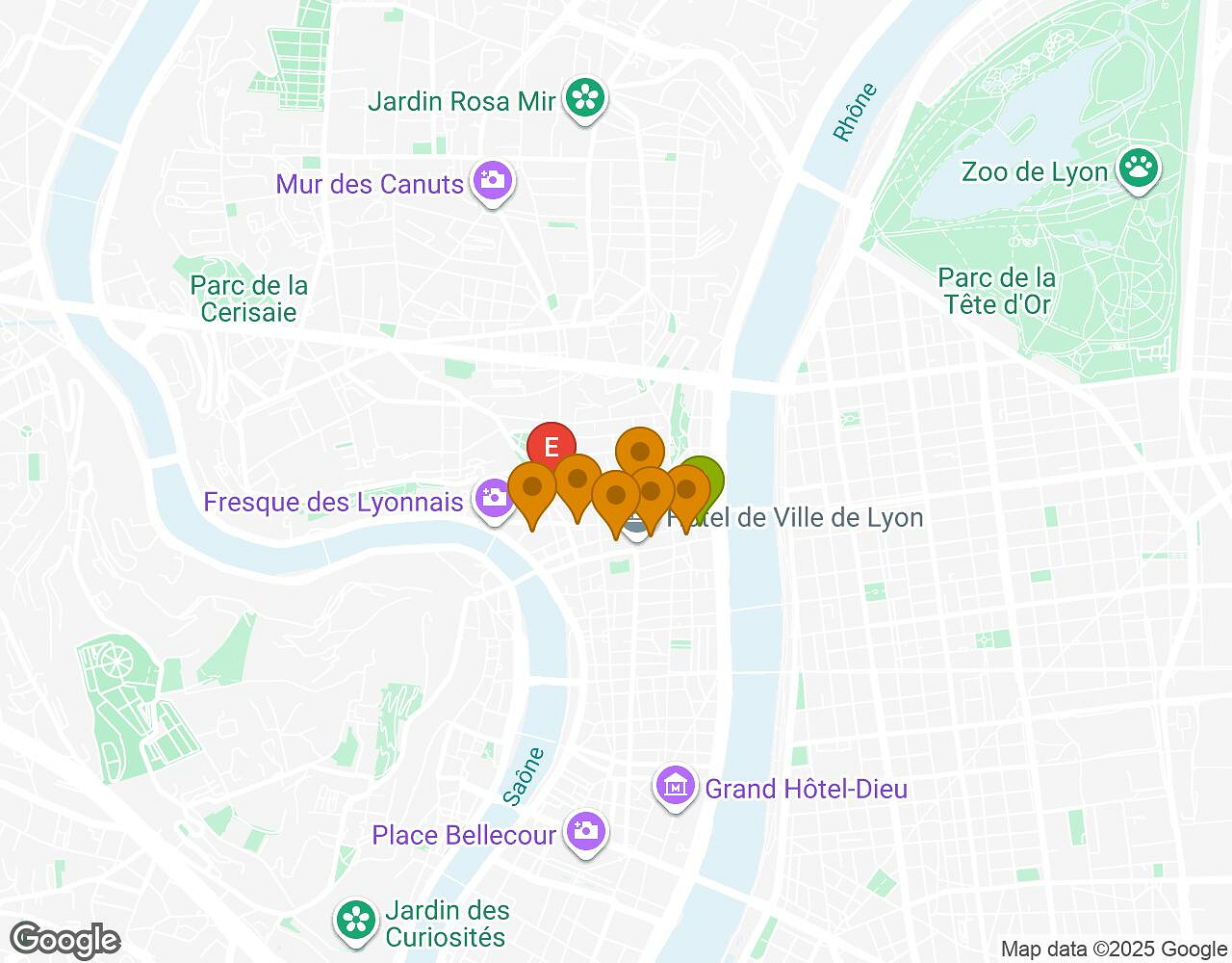 Interactieve kaart voor Maatjes, Miserie & Manie LYON met startpunt, eindpunt en bezienswaardigheden